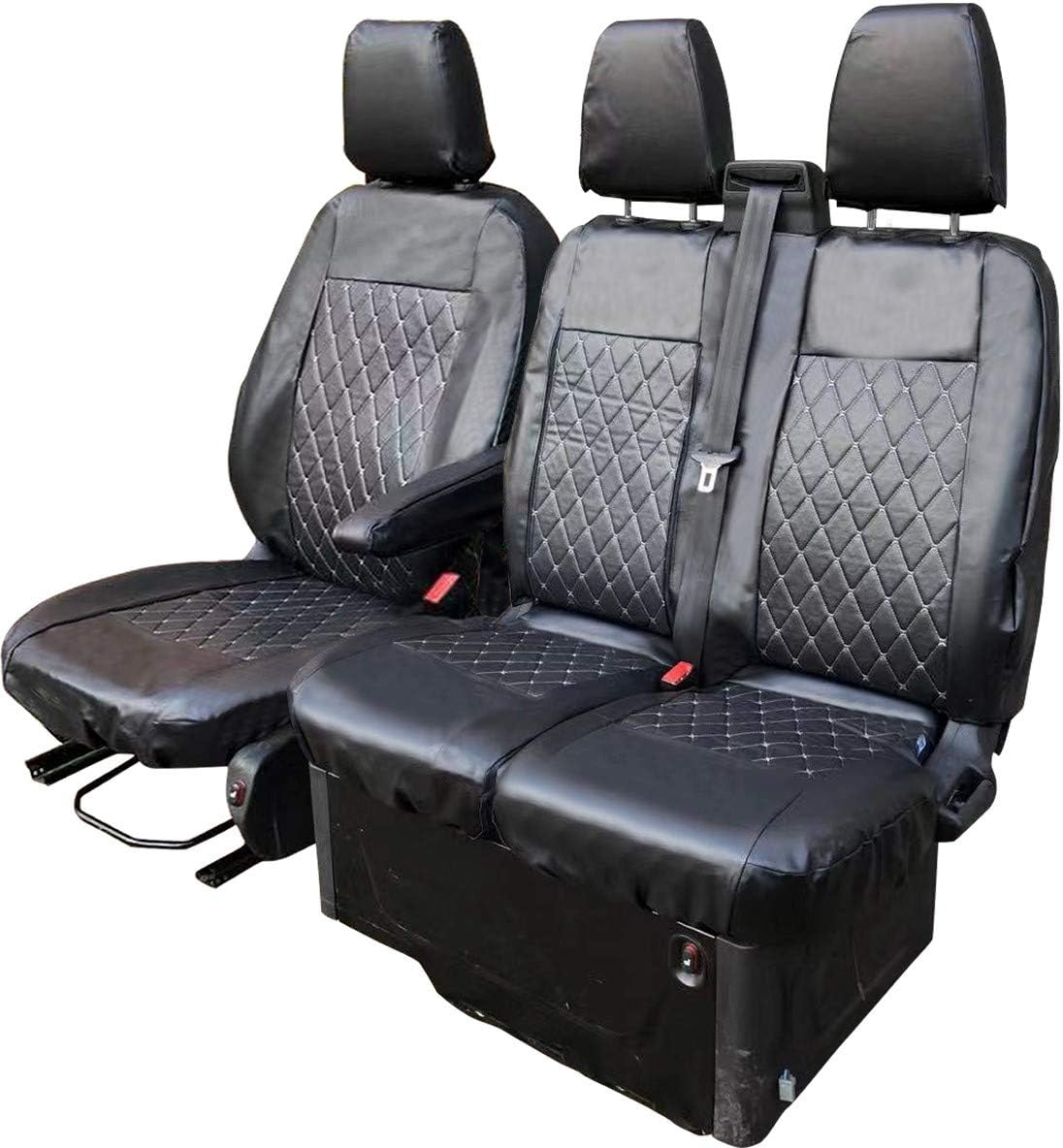 Shield Autocare © T100.DQ.LTHR.FTC13.BLK FULLY TAILORED HEAVY DUTY VAN SEAT COVERS IN BLACK LEATHER DIAMOND QUILTED FITS FORD TRANSIT CUSTOM 2013 ON