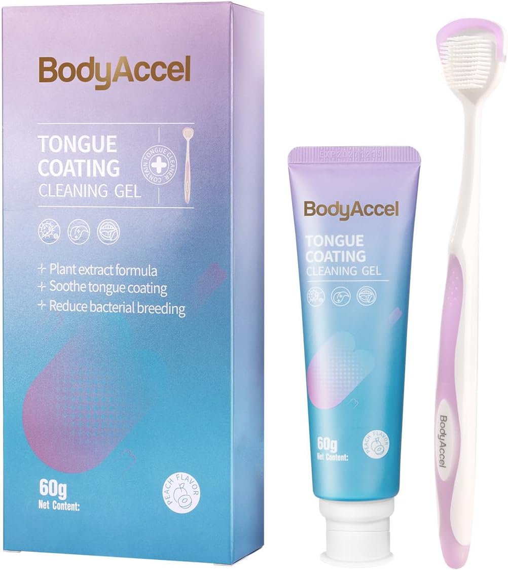 BodyAccel Tongue Cleaner Gel with Tongue Brush – Fresh Breath Oral Care Kit – Tongue Scraper Gel Set for Bad Breath Removal, Maintain Oral Health