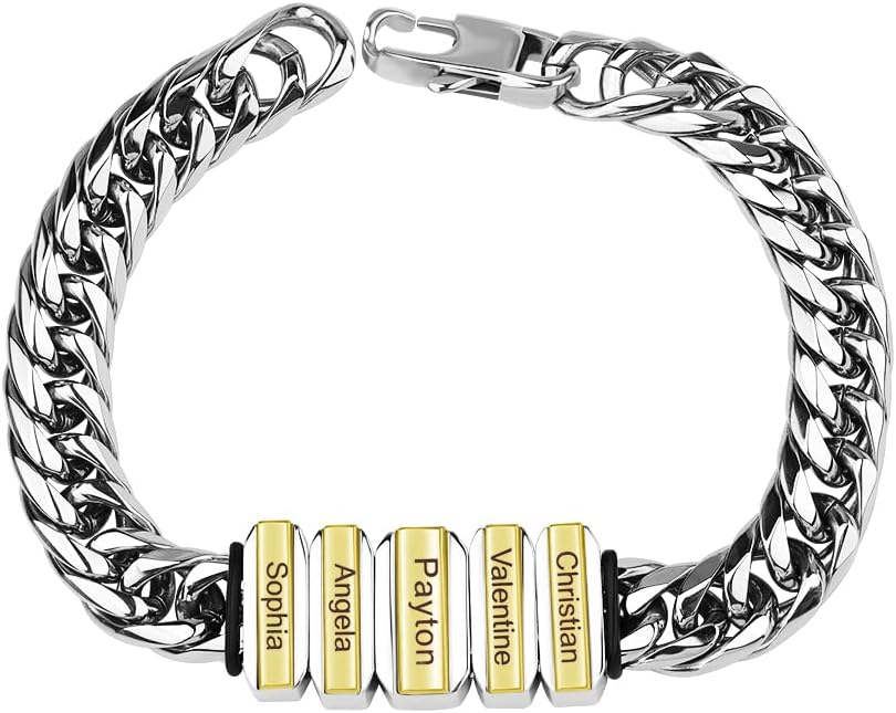 Apeso Personalized Family Cuba Men's Bracelet with 2-8 Names Engraved in Custom Beads ID Bracelet for Husband, Father