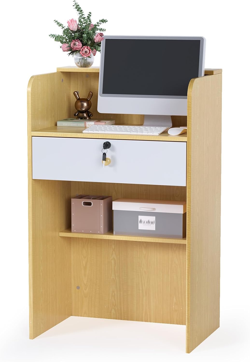 OmySalon Reception Desk with Counter, Small Front Desk w/Lockable Drawer, Wooden Modern Reception Table for Salon Lobby Office Home (Original Wood, 24)