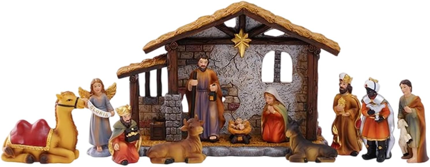 Nkmifeg Christmas Nativity - Nativity Scene Manger Religious Decor,Miniature Figurines Home Christmas Decorations for Office Garden Shelf Bedroom Outdoor Living Room Fireplace School Table