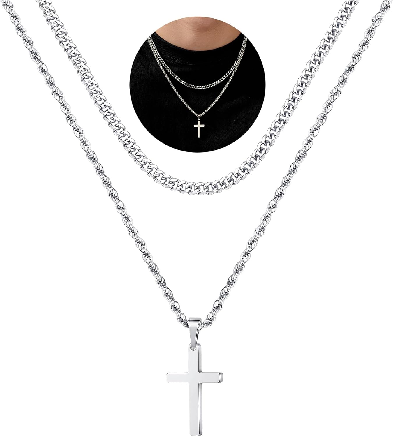 Yooblue Cross Necklace for Men, Gold Black Silver Mens Cross Necklaces Stainless Steel Cross Pendant Necklace Simple Jewelry Gifts Cross Chain Necklace for Men