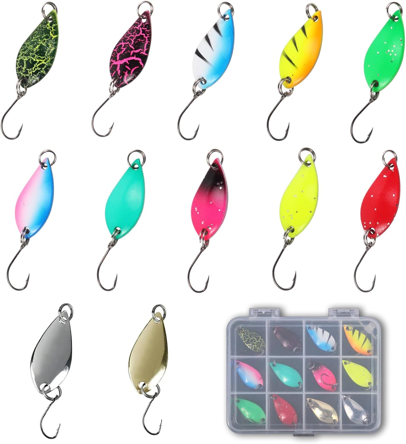 XMYCYuChen 12Pcs Unique Trout Fishing Spoon Set Vivid Metal Baits Single Hook Noctilucent Spinner Fishing Lure Set with Plastic Box for Trout, Mandarin Fish and Bass