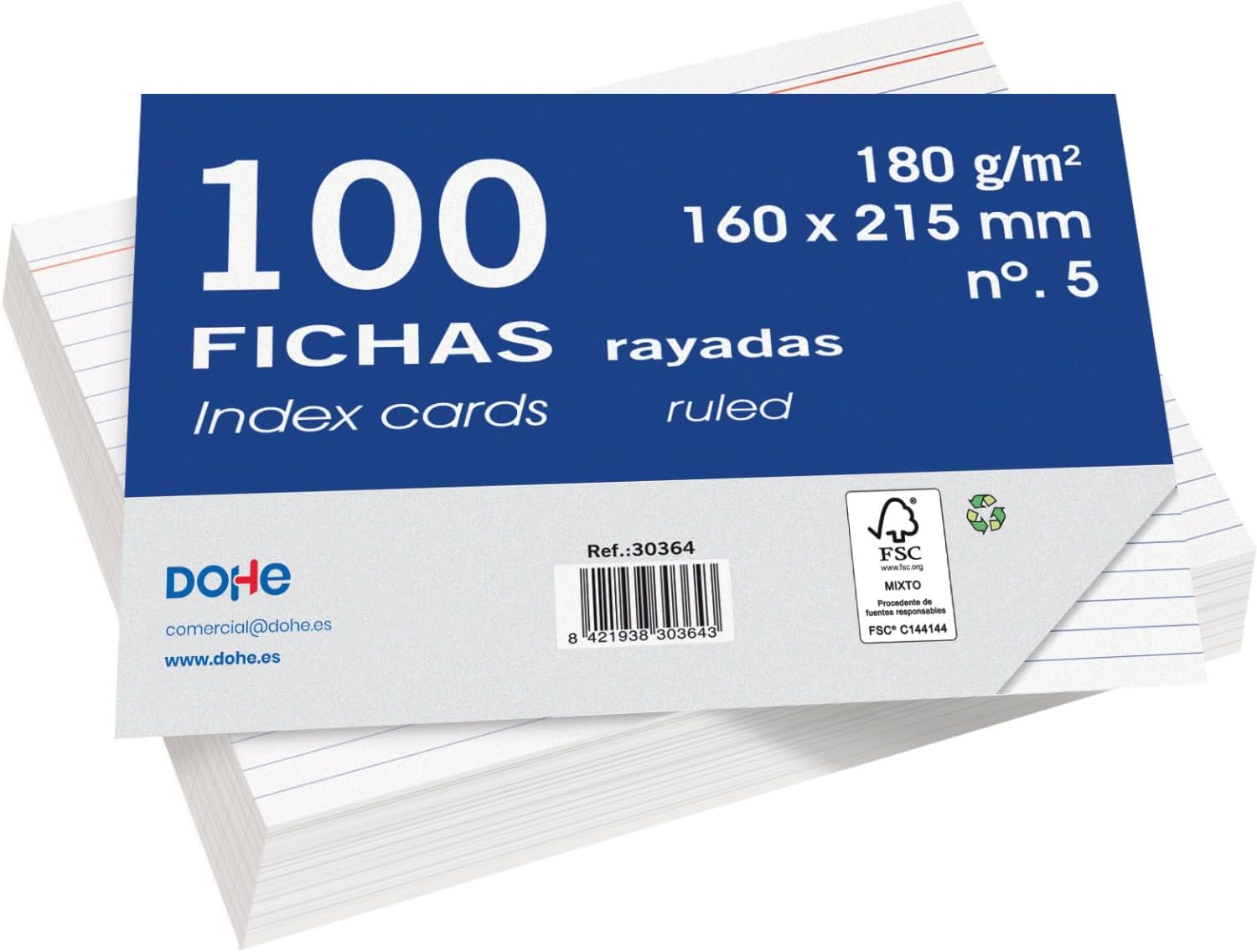 Dohe - Ruled Cardstock Sheets (100 pcs.) - Cards for Writing Notes, Size A5 (21.5 x 16 cm), 180 g/m², No. 5, Office Supplies - FSC Mix AEN-COC-000243 - White