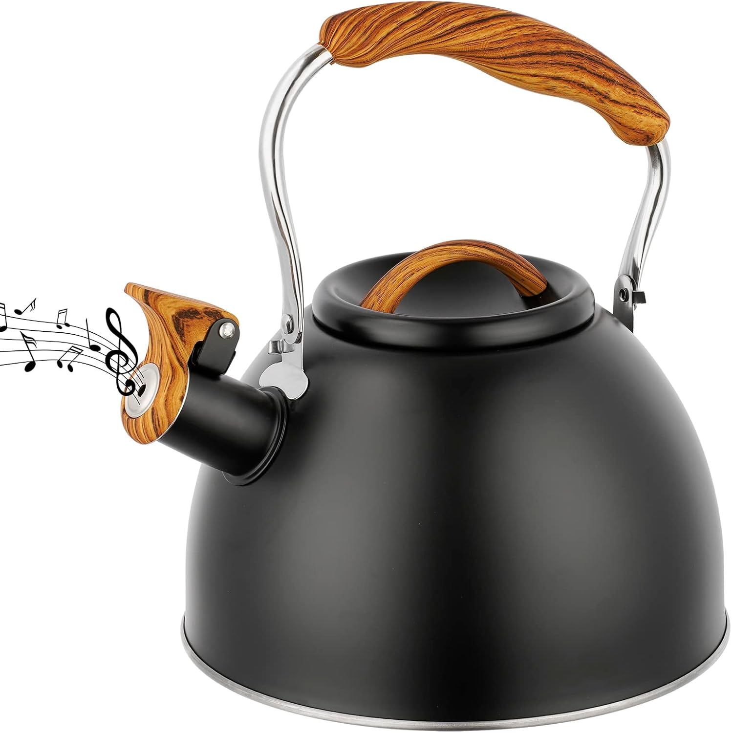 Whistling Kettle, 3 L Stainless Steel Stove Top Kettle with Wood Grain Handle and Tall Whistle, Retro Style Teapot for Kitchen Gas Stove, Induction Cooker