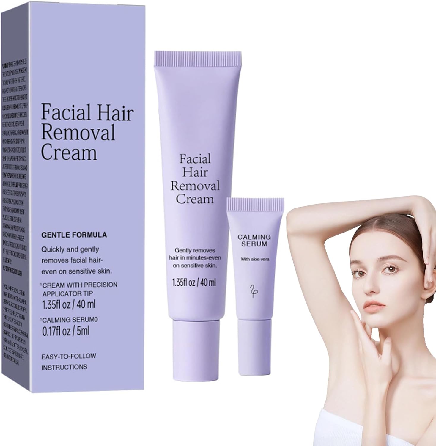 Facial Hair Removal Cream, Depilatory Cream & Calming Serum, Gentle Formula, Painless Hair Removal Kit for Women with Sensitive Skin
