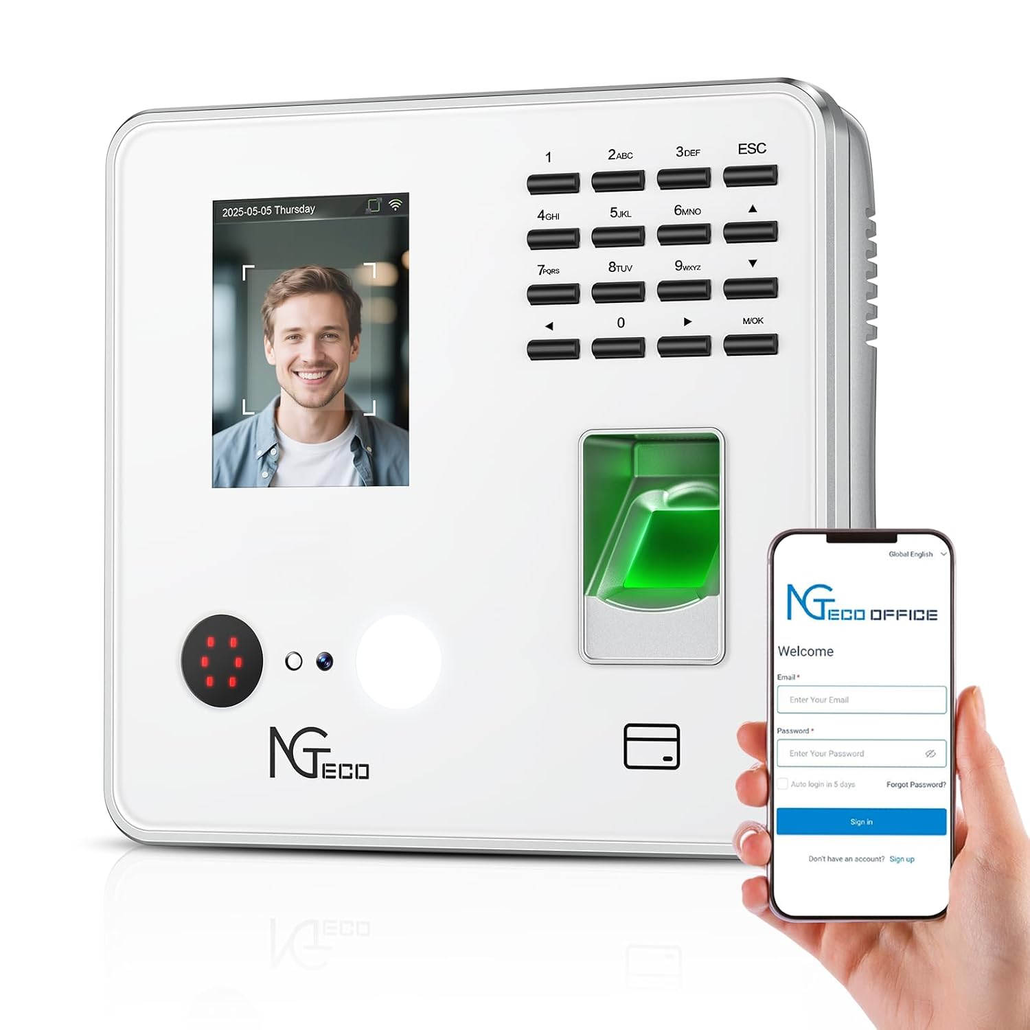 NGTeco Cloud Clocking in Machine, Remote Control Time Card Machine, 2.4GHz, with Software and Mobile App, 5 RFID Cards