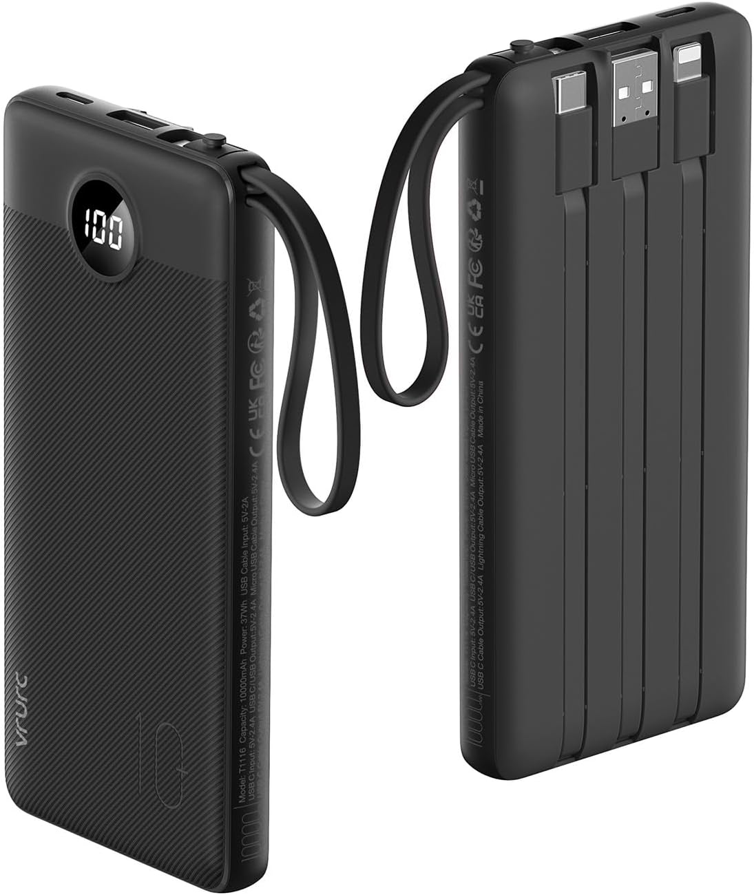 VRURC Power Bank 10000mAh With Built in Cables,USB C Battery Pack Portable Charger with 5 Outputs 2 Inputs Powerbank LED Display compatible with iPhone 16 15 14 Samsung S21 S20 Xiaomi