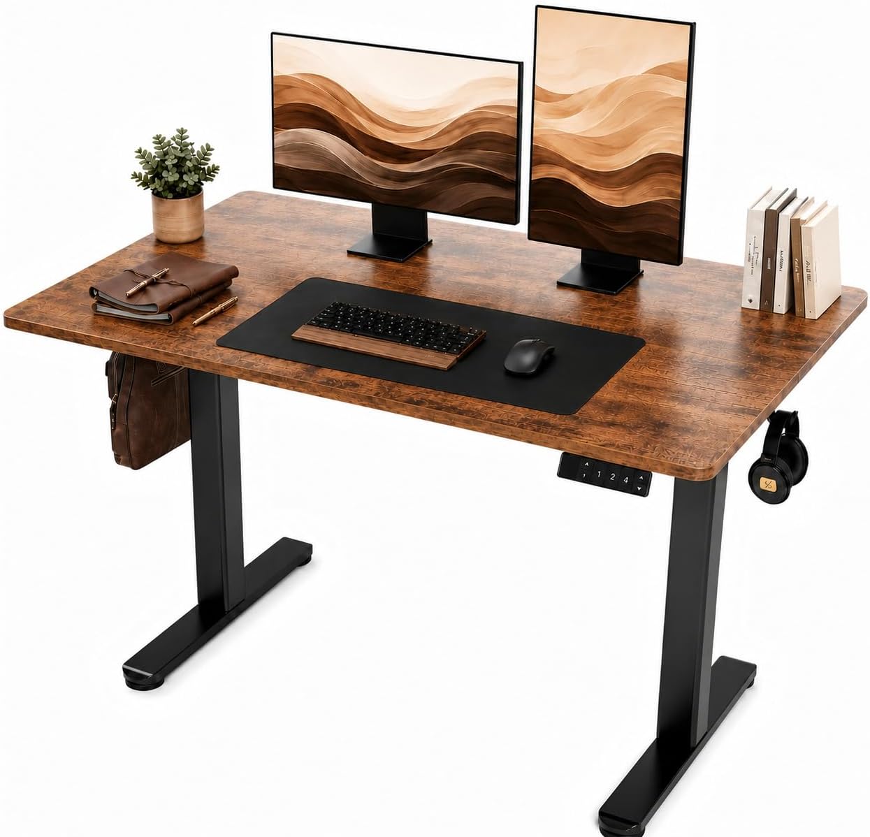 Claiks Electric Standing Desk 120 x 60cm, Height Adjustable Sit Stand Desk with 3 Memory Presets, Home Office Desk with Anti-Collision System, Quiet Motor, 2 Hooks, Rustic Brown