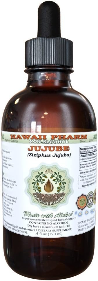 Jujube Alcohol-Free Liquid Extract, Jujube (Ziziphus Jujuba) Dried Fruit Glycerite Hawaii Pharm Natural Herbal Supplement 2 oz
