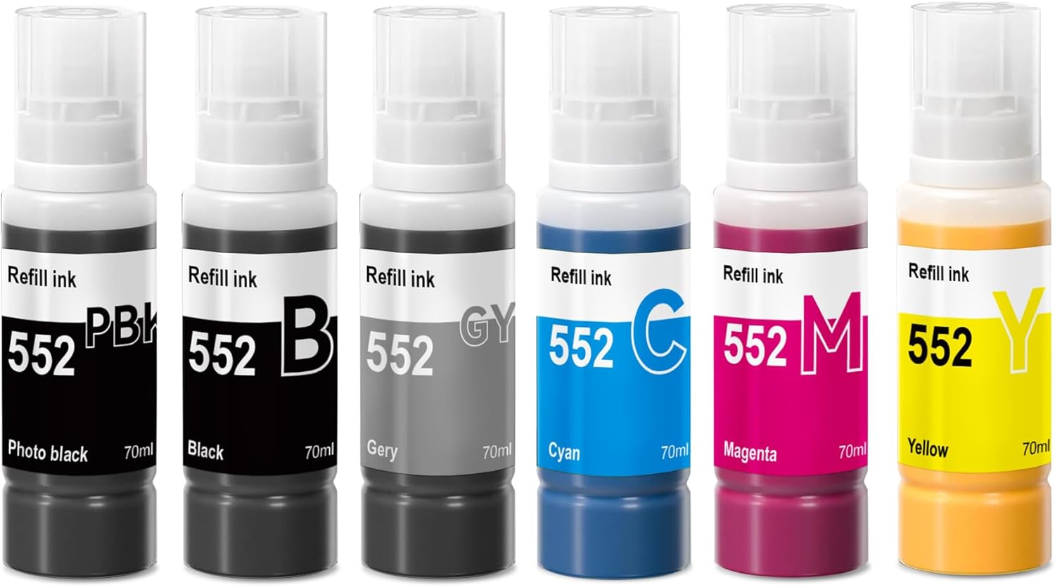 552 Ink Refill Bottles 6 Pack Replacement for 552 Ink for Ecotank Photo ET 8550 ET 8500 ET8550 ET8500 Printer Not Sublimation Ink (Photo Black, Black, Cyan, Magenta, Yellow, Gray)