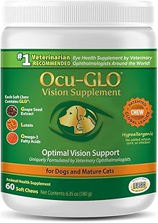 Ocu-GLO Cat & Dog Senior Supplement for Eye Support - Chewable Vision Vitamins Supplements for Large and Small Pets Care with Lutein, Omega-3 Fatty Acids, Grape Seed Extract & Antioxidants
