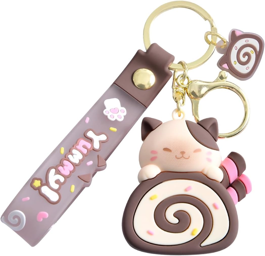 CAOXIAN Cute Cat Egg Roll Key Chain Kawaii Kitty Cake Doll School Bag Accessories Keyring Cartoon Pendant Keyfob for Couple Jewelry Gift