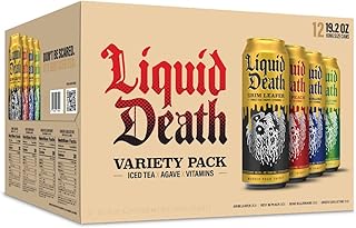 Liquid Death, Iced Tea Variety Pack (Grim Leafer, Rest in Peach, Dead Billionaire, and Green Guillotine), 12-Pack (King Size 19.2oz Cans), Tea Sweetened With Real Agave, B12 & B6 Vitamins, Low Calorie & Low Sugar