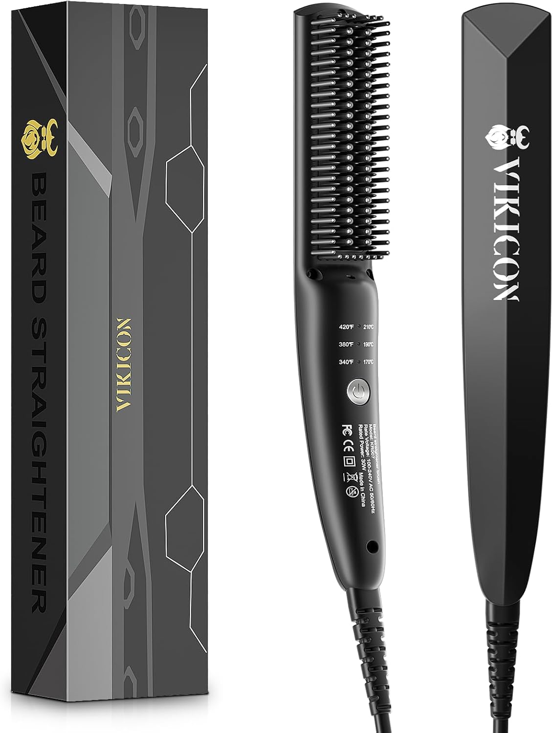 VIKICON Beard Straightener, 30s Quick Heated Beard Brush, Mini Heating Straightening Comb for Men, Ionic/Lightweight/Fast/Anti-scalding Hot Hair Brush for Styling Long&Short Beard