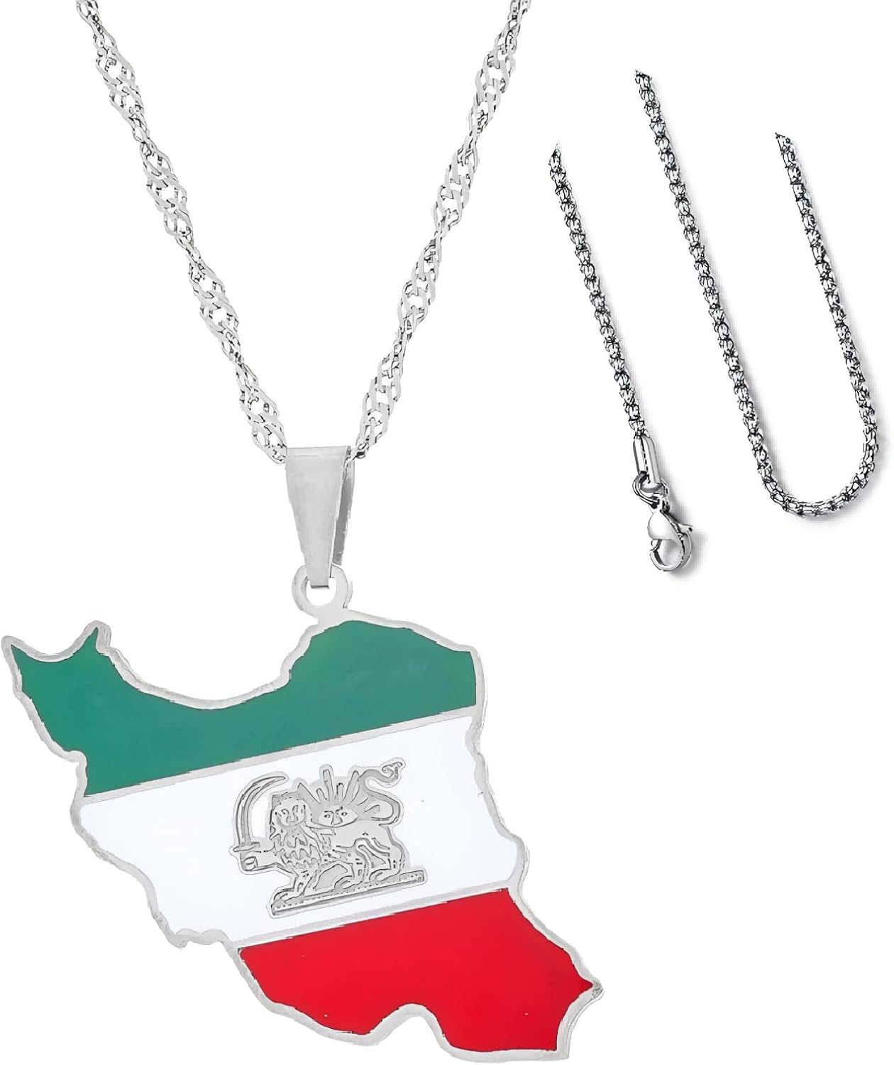 Iran Map Pendant Necklace-Silvery-Toned Stainless Steel Chain with Flag Colors (Green, White, Red) & Lion Emblem - Patriotic&Peace Jewelry Gift for Men & Women,18/24 inches chains