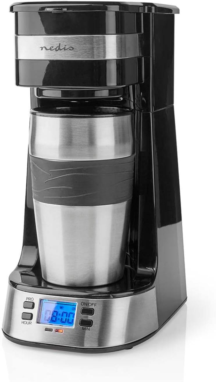 NEDIS Single Serve 1 Cup Coffee Maker Digital Machine and Double Wall Insulated Travel Mug, with Timer, Stainless Steel, 420ml, Black