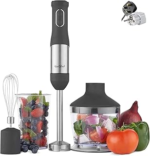 Vonshef 220 Volt 240 Volt Hand Blender Ultra-Stick 800 Watts 6-Speed Powerful Immersion Multi-Purpose 3 In 1 Hand Blender Black Stainless Steel Finish With Chopper,Whisk,Beaker and Bundle With Dynastar Plug Adapters | 220-240volts (NOT FOR USA)