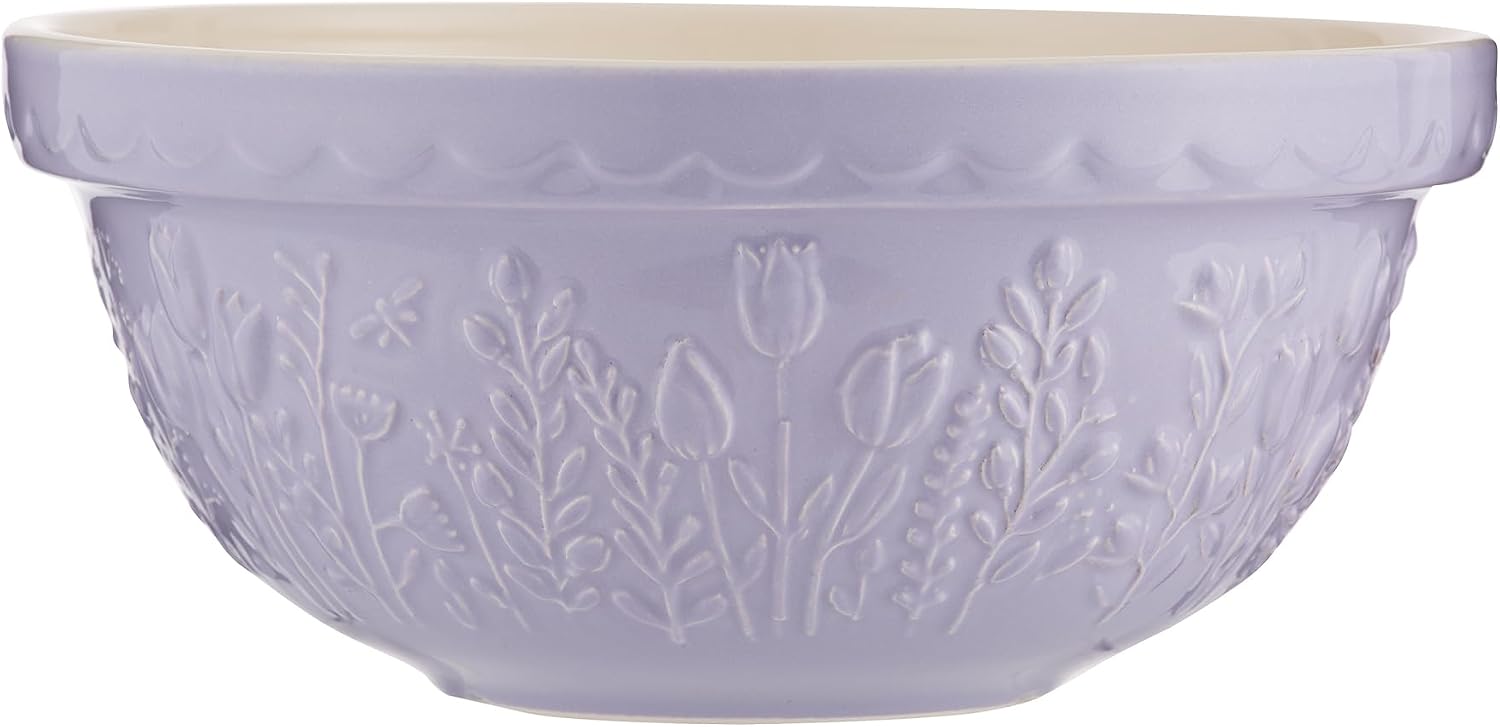 Mason Cash In the Meadow S24 Mixing Bowl, 2.15 Quart Mixing Bowl, Embossed Floral Tulip Design, Durable Ceramic Bowl for Baking Bread Dough, Cake Batter, Cookies & Kitchen Serving Bowl