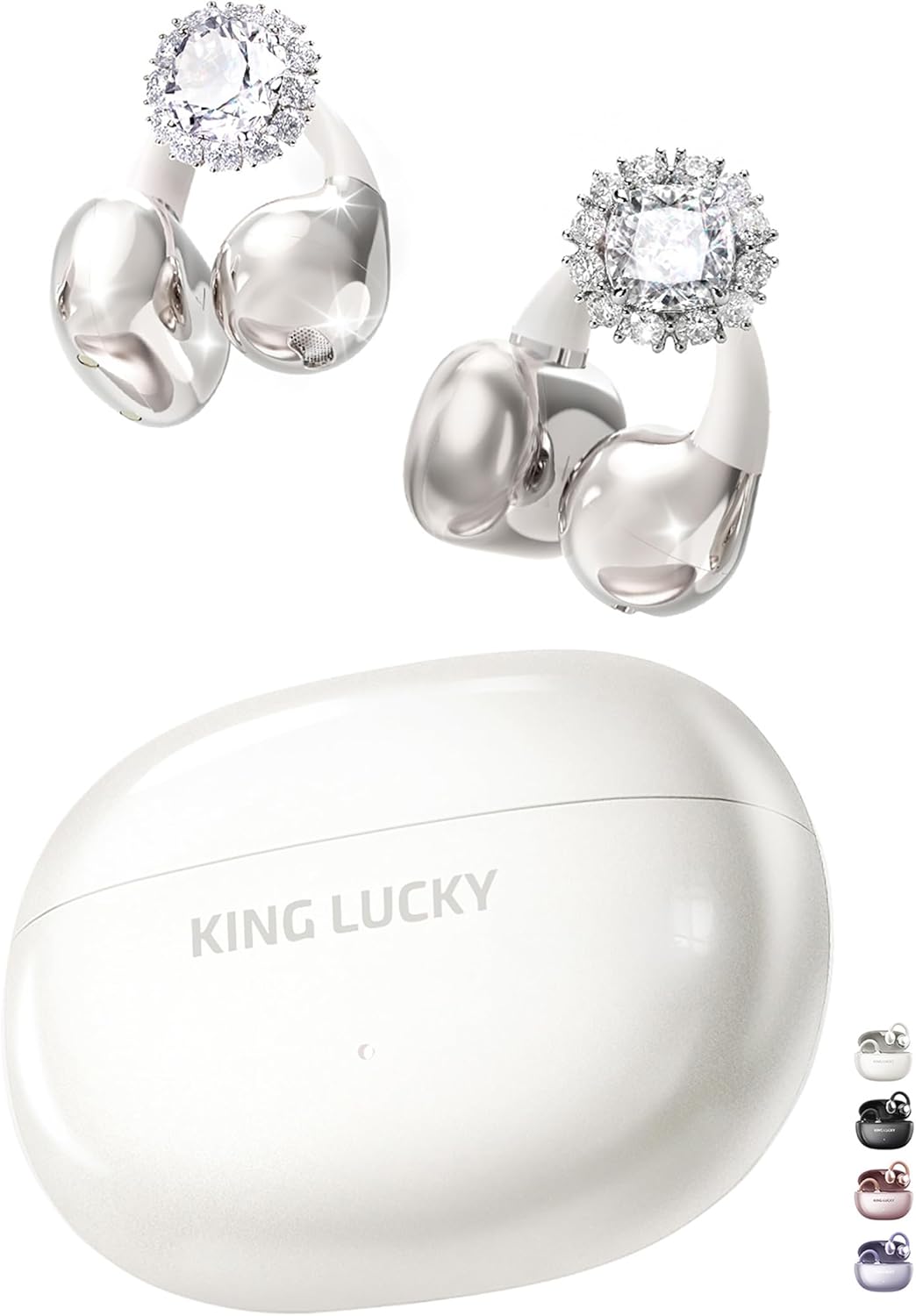 King Lucky Clip-on Earbuds Jewelry Wireless Bluetooth 5.4 Comfortable Open Ear Headphones with Detachable Aurora Earrings,IPX5 Waterproof, 50H Play, for Women, Gift,Parties,Festival (White)