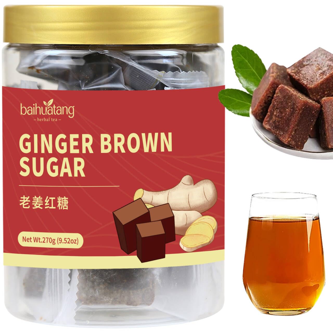 Brown Sugar Cubes Black Sugar Ginger Tea Cubes Chinese Traditional Pure Raw Sugarcane Individual Package 270g 手工老姜黑糖 红糖姜茶