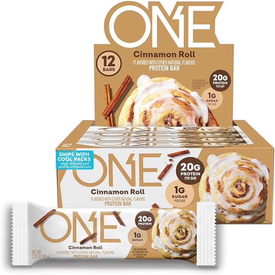 ONE Protein Bars, Cinnamon Roll, Gluten Free with 20g Protein and 1g Sugar, Pantry Staples, 2.12 oz (12 Count), Packaging May Vary