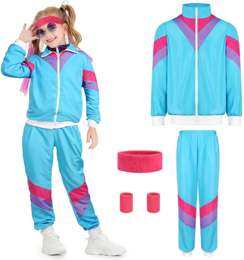 AYBUY Kids 80s 90s Tracksuit, Kids Retro Sport Shell Suit, Boys Girls Stylish Street Hip Hop Costumes, Children's Retro Fashion Outfit Fancy Dress Costumes for 1980s 1990s Party Christmas
