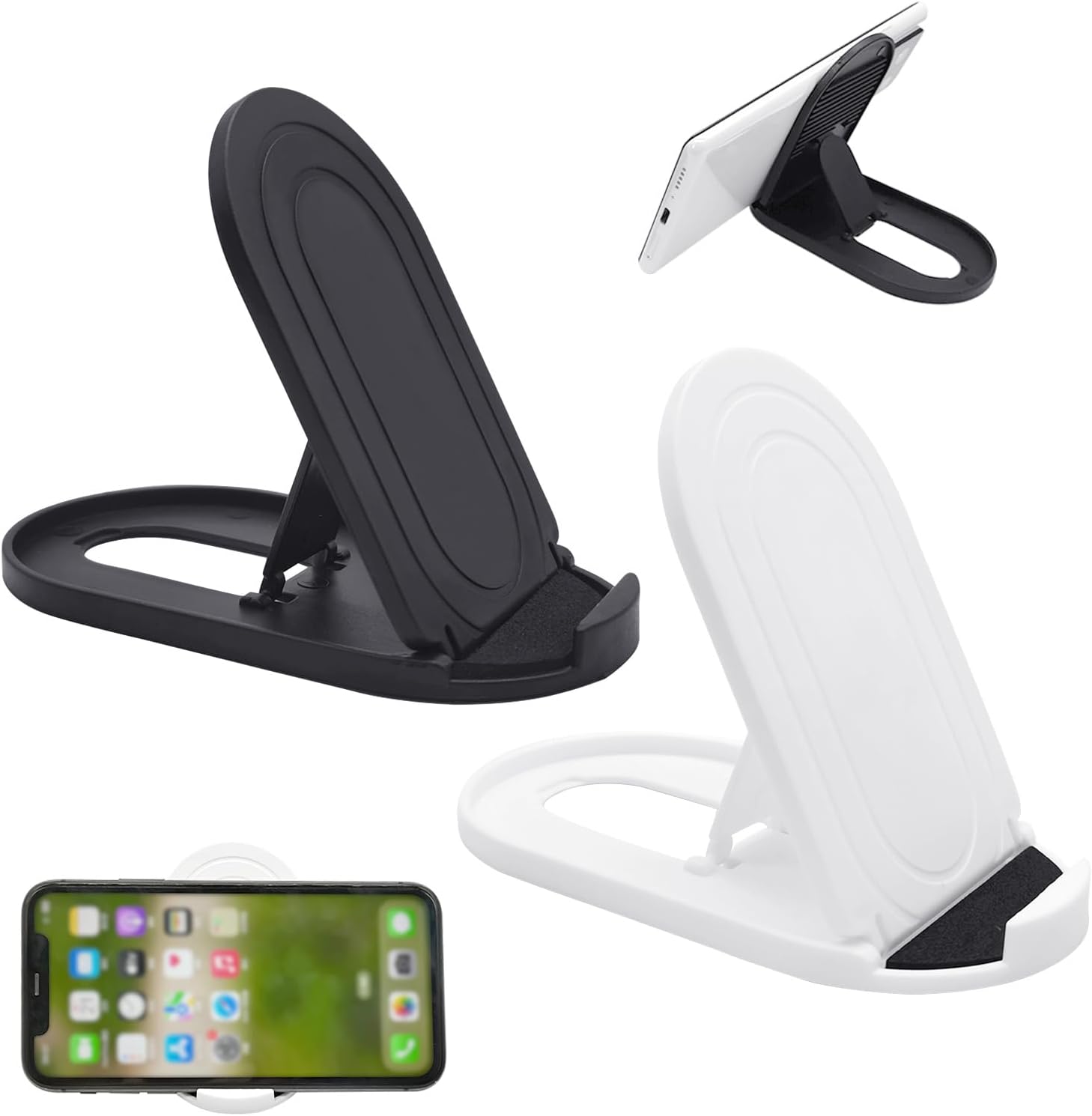 DWPVT 2pcs Adjustable Foldable Cell Phone Stands Universal Portable Multi-Angle Pocket Mobile Phone Desktop Holder Stand Compatible with iPhone Samsung Galaxy (Black + White)