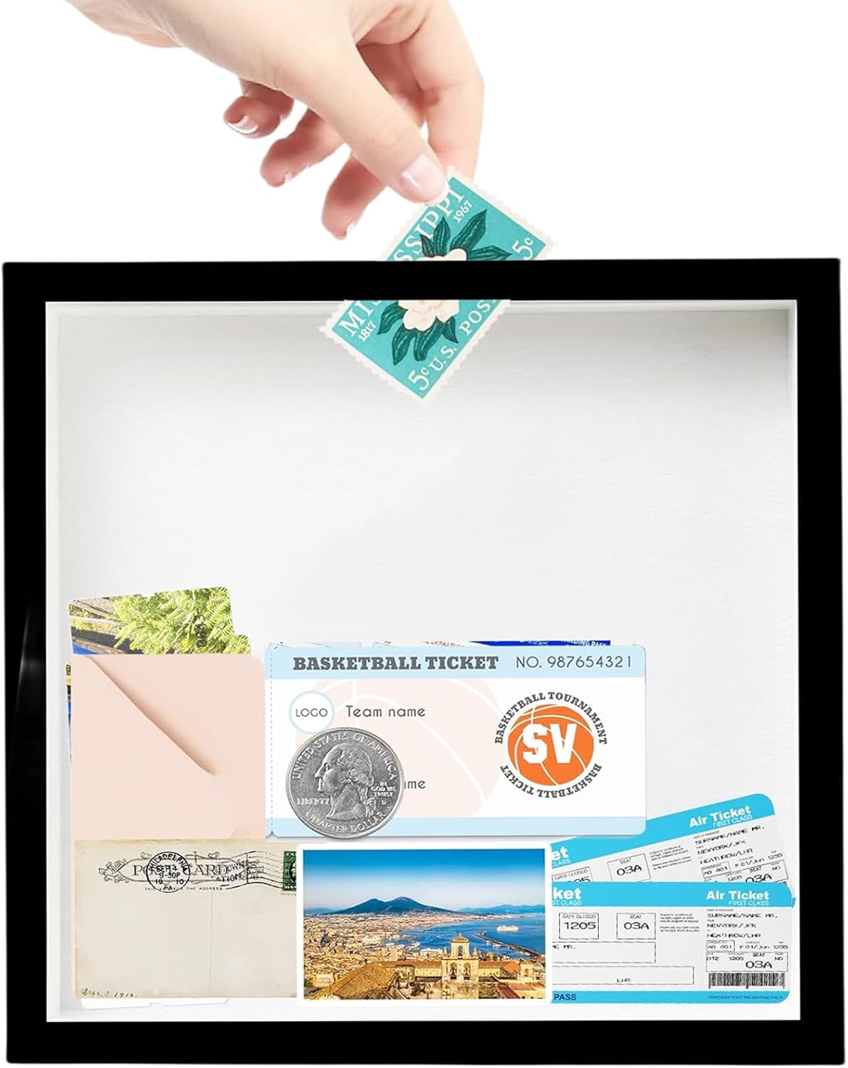 Travel Adventure Archive Box for Memories, 29cm Travel Concert Ticket Shadow Box with Slot, Life in a Box Travel Picture Frame, Wooden Keepsake Box Memory Display Case for Desk Wall Deco (Black)