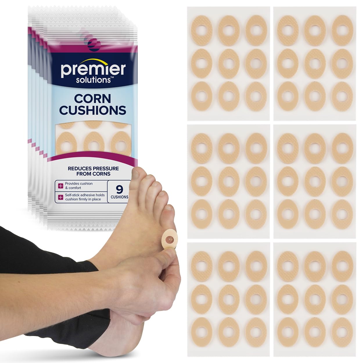 Corn Cushions for Feet, Self-Stick Adhesive Foot Care Cushions to Pad and Protect Corns, 54 Count (6 Packs of 9)