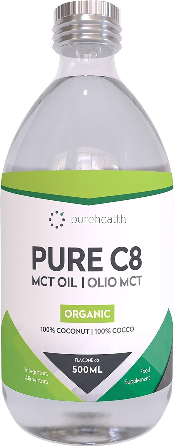 Pure Organic C8 MCT Oil Glass Bottle, Triple Steam Distilled, Premium 100% Coconut Zero Palm Oil, Perfect for Keto Diets, IF (Fasting) & Bulletproof Coffee, Non-GMO (500ml Glass Bottle)