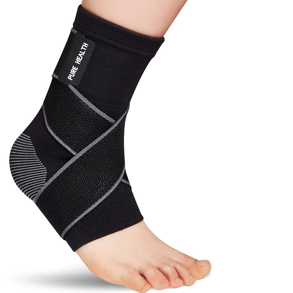 Pure Health Ankle Support for Ligament Damage Sprained Ankle, Achilles Tendonitis Foot & Plantar Fasciitis Support Strap, Heel Pain Relief & Wrap for Compression (Black, S)