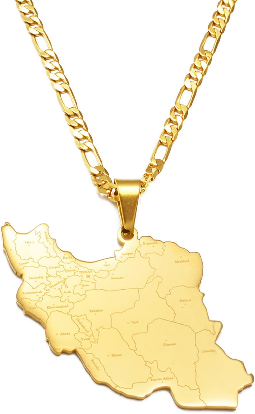 FENGJIAREN Iran Map Pendant Necklace - Trendy Map With City Contour Design Pendant Necklaces Ethnic Style Clavicle Chain Sweater Necklaces Minimalist Jewelry,Golden,45Cm