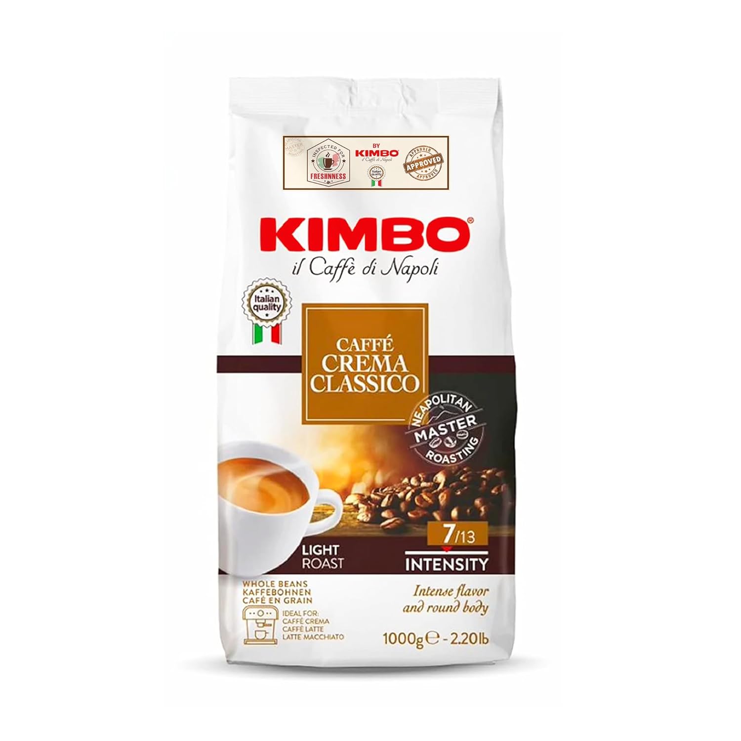 Kimbo Coffee Whole Bean, Caffe Crema Classico, 100% Acrabica Coffee, Light Roast, Intensity 7/13, 2.2lb (35.2oz) Bag
