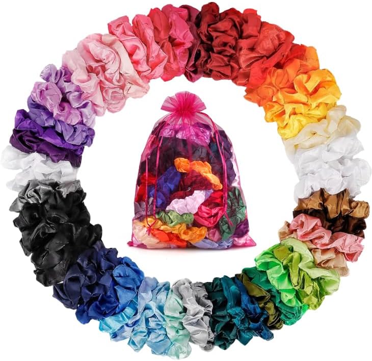 ADRIONE Satin Scrunchies for Women & Girls - 60 Pack Silk Scrunchies for Curly Hair