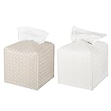 Tissue Box Cover PU Leather Tissue Holder Square Facial Tissue Case Facial Paper Organizer Dispenser for Bathroom, Vanity Countertop, Tabletop, Car, White + Griege