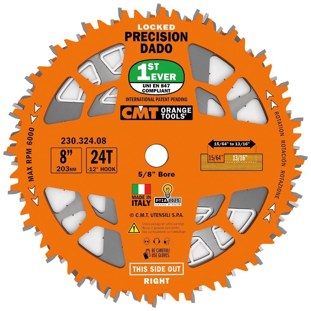CMT 230.324.08 Precision Locked Dado Pro Set with Interlocking Chipper Design for Splinter-Free Flat Bottom Grooves - 8" Diameter, 24 Teeth, 5/8" Arbor