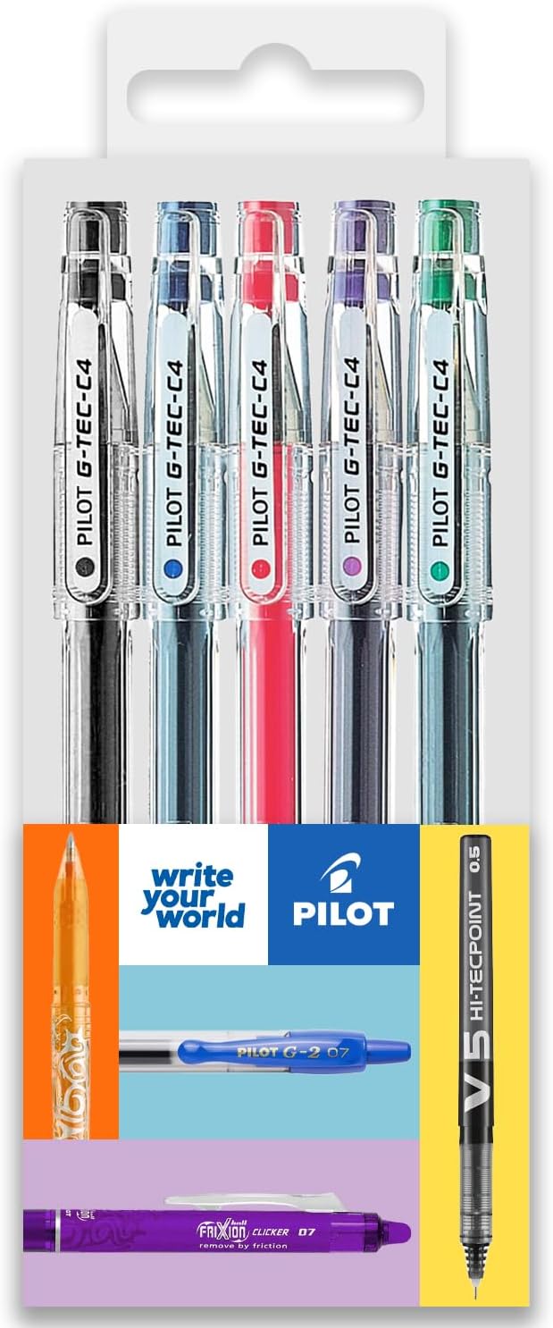 Pilot G-Tec C4 Gel Ink Rollerball Pen - 0.4mm Nib - 0.2mm Line - Black, Blue, Red, Green, and Violet - Pillow Pack of 5