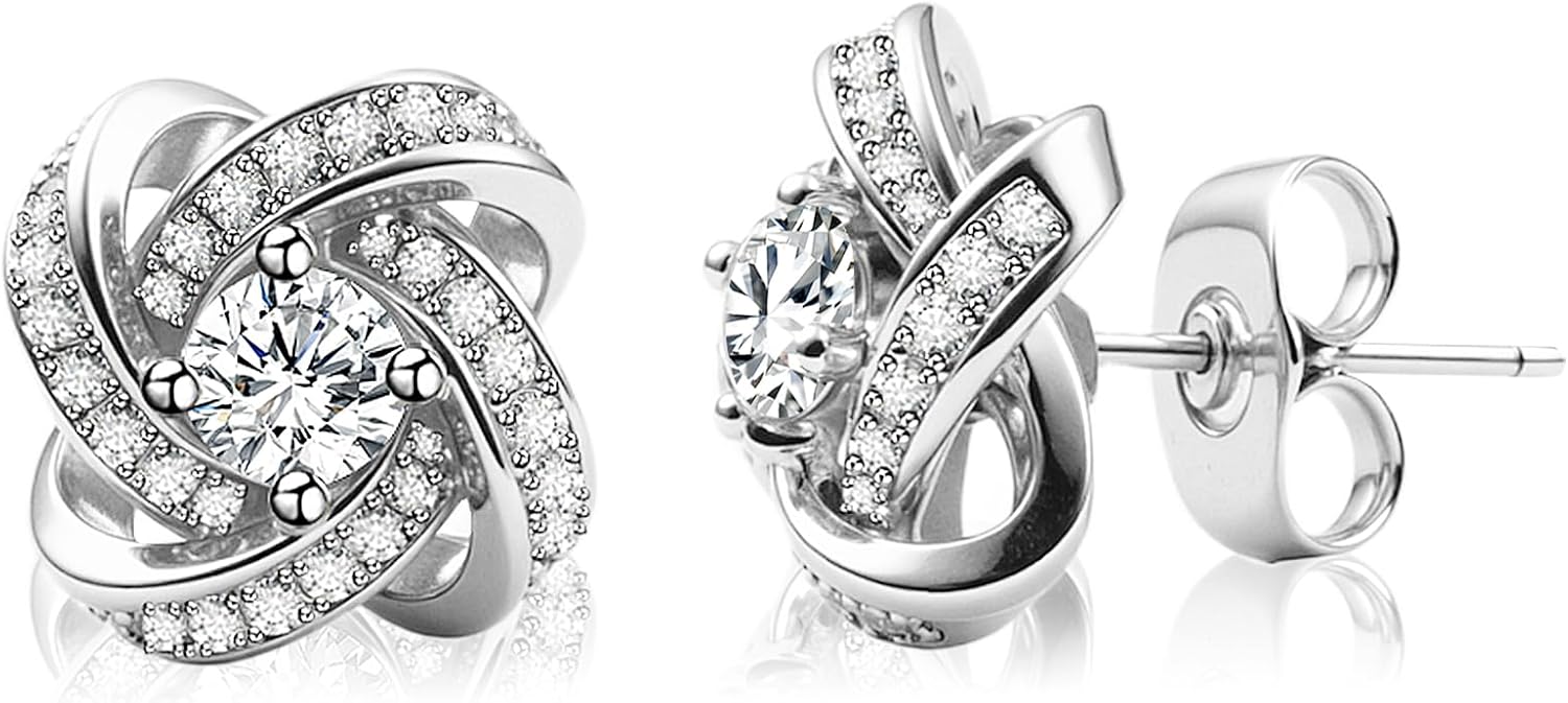 VOLUKA 14K Love Knot Earrings - Hypoallergenic Cubic Zirconia Stud Earring for Women - Classic Flat Back CZs Big Daith Flower Knot Studs Earrings