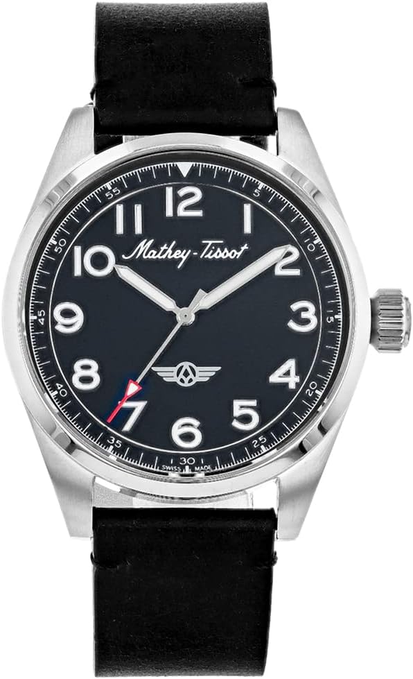 Mathey-Tissot Men's Heritage Swiss Quartz Watch – 42mm Stainless Steel Case with Black Dial and Silver Indexes, Three-Hand Analog Display, Black Leather Strap