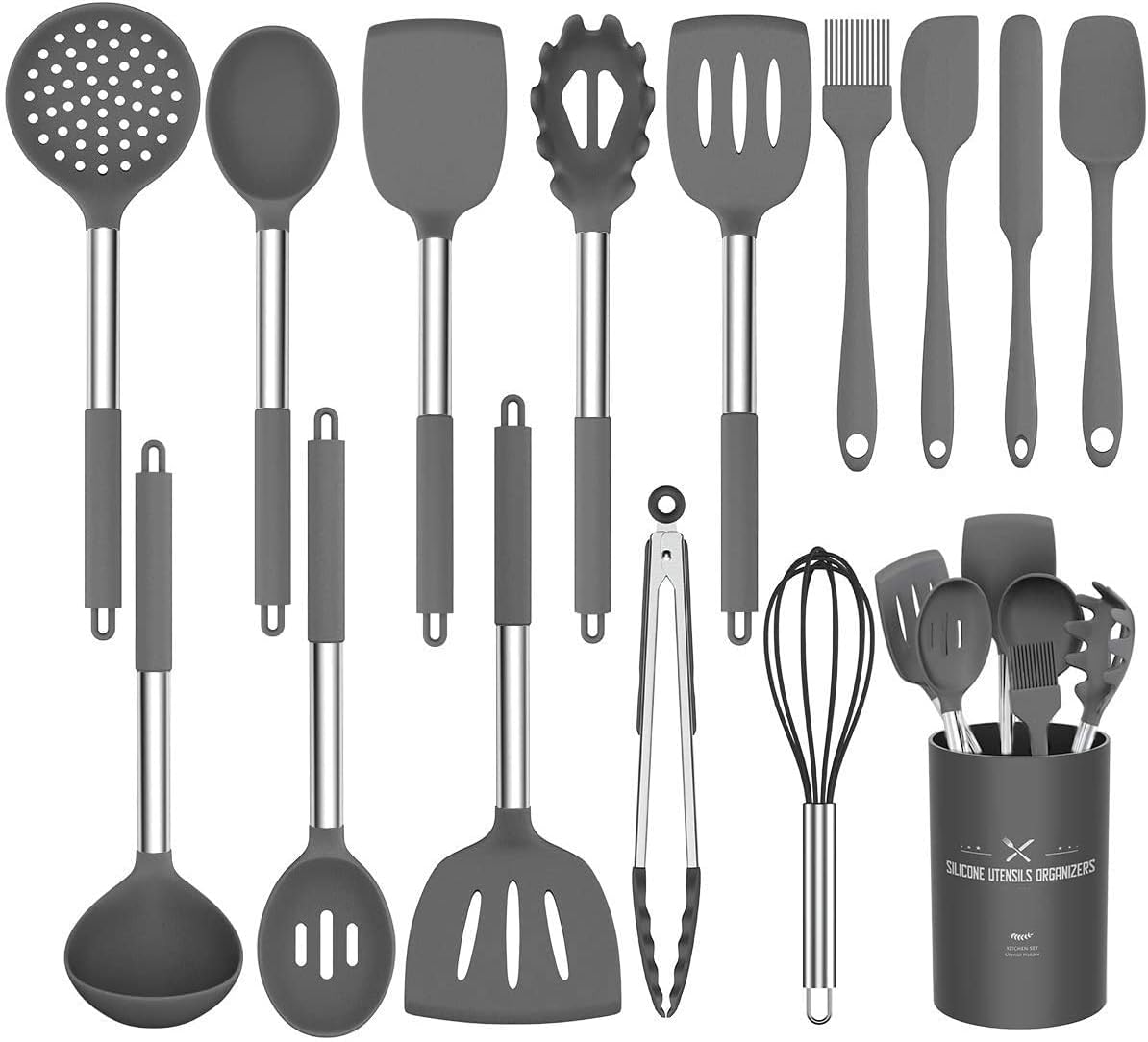 Umite Chef Kitchen Utensil Set, 15pcs Silicone Cooking Kitchen Utensils Set, Cooking Tools Turner Tongs Spatula Spoon for Nonstick Heat Resistant Cookware - (Grey)