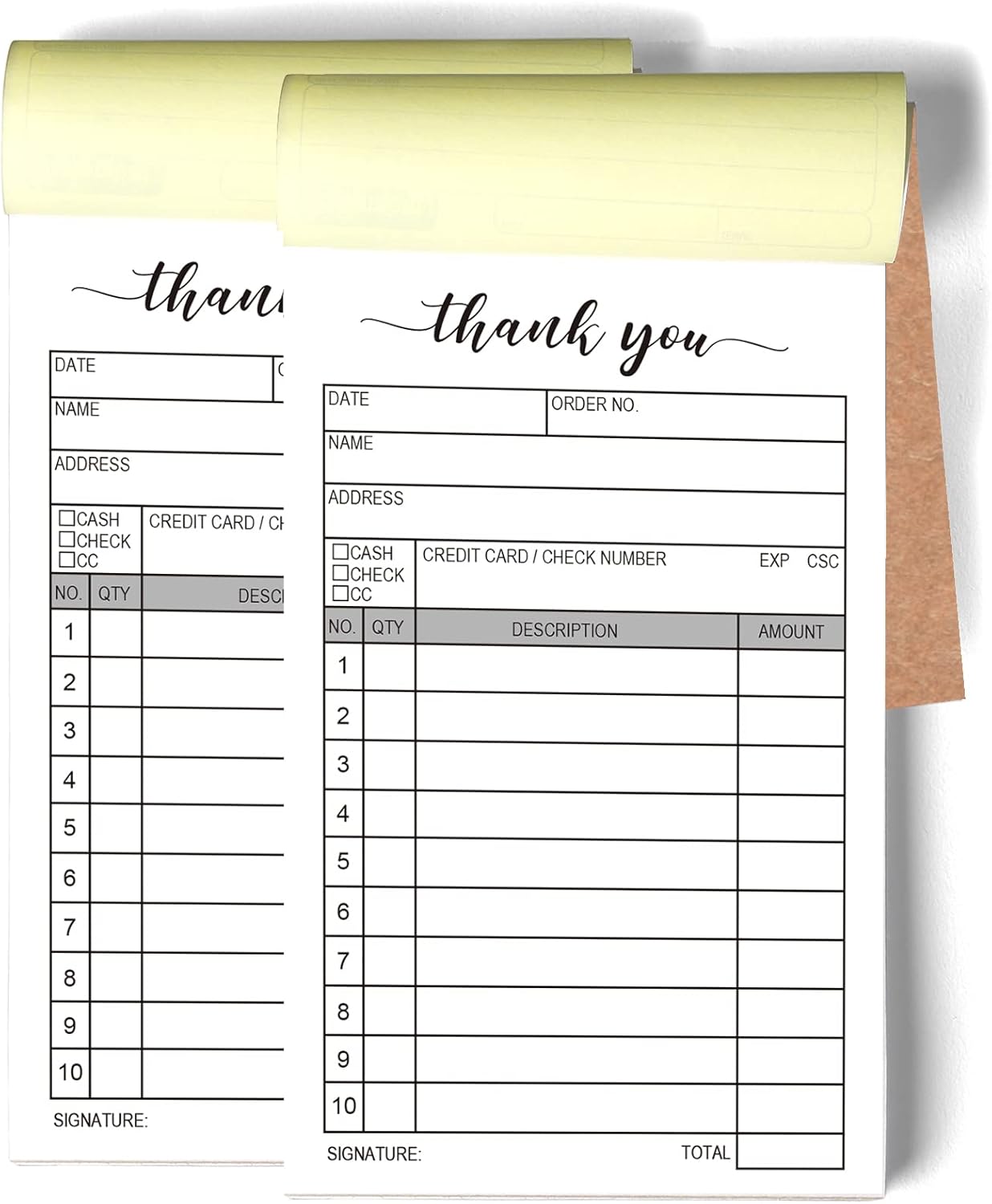2 Packs 50-Set Thank You Receipt Book, Carbon Duplicate Copy Sales Receipt Form, Invoice Booklet for Stores, Warehouses, Offices, and Restaurants, 3.4x5.5 Handheld, 2-Part Carbonless-White/Yellow.