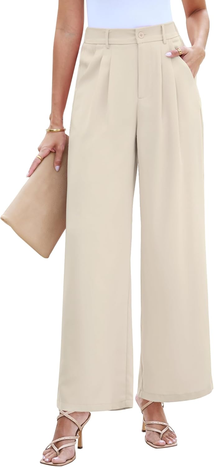 LookbookStore Wide Leg Dress Pants Woman High Waisted Business Casual Pleated Trousers Pants Loose Fit Elastic Waist