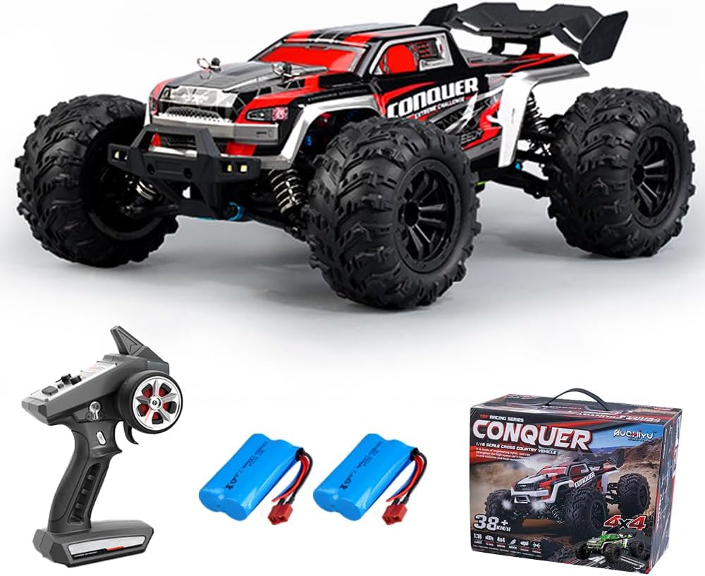 Teeggi 16102 1:16 Remote Control Car, 2.4Ghz Carbon Brush Motor RC High-Speed Off-road Drift Racing Car, 50km/h 4WD Off-road Toy Car, 2 Batteries (Red)