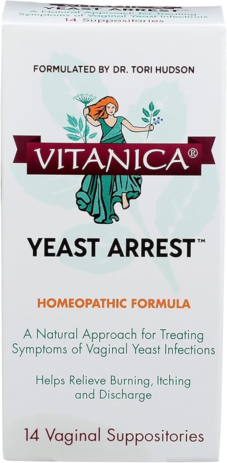 Vitanica Yeast Arrest, Homeopathic Vaginal Suppositories, for Yeast Infection Symptoms, Relieves Burning, Itching & Discharge, with Boric Acid, Tea Tree Oil & Probiotics, Vegan (Yeast Arrest, 14)