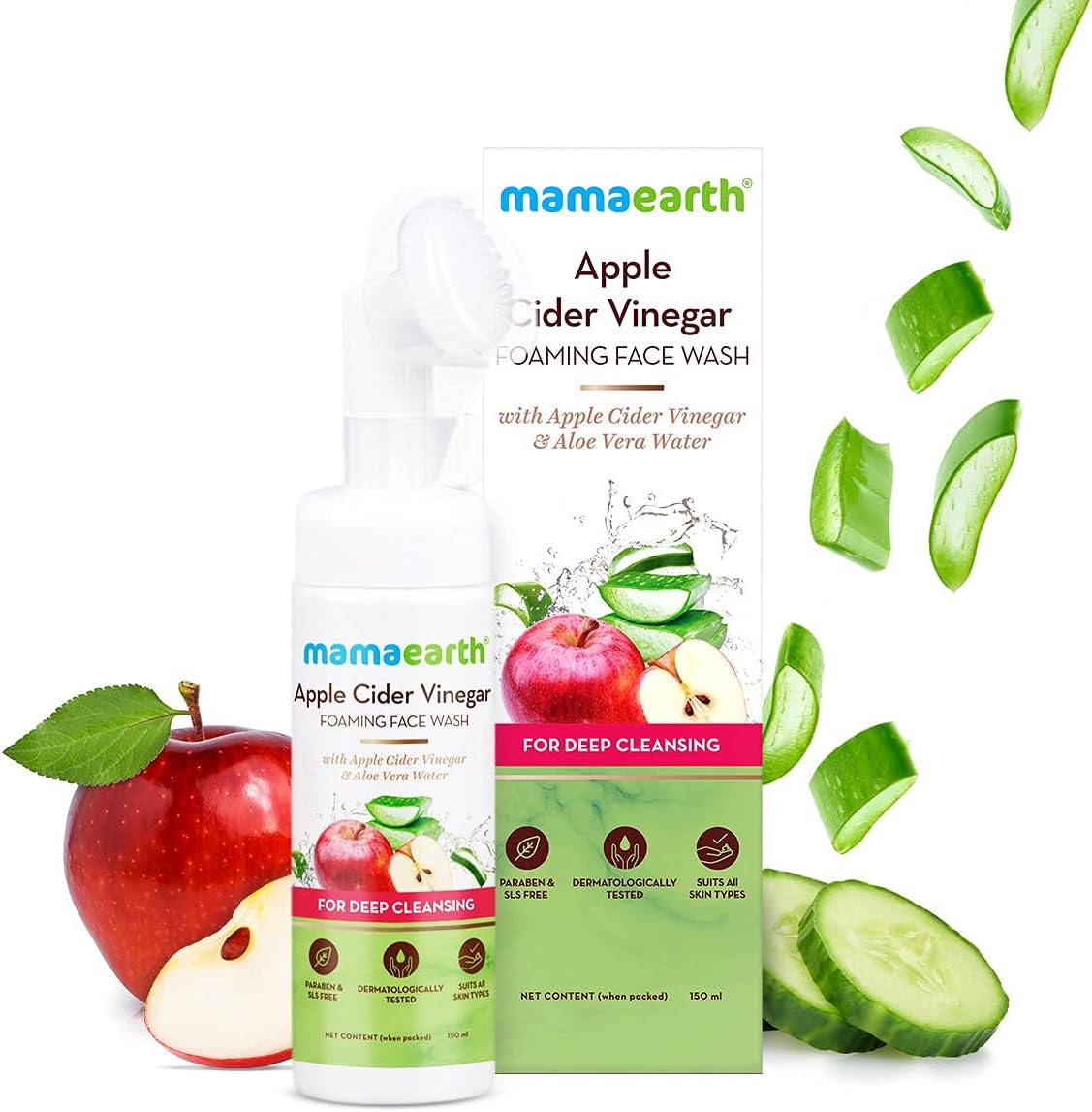 Mamaearth Apple Cider Vinegar Foaming Face Wash with Aloe Vera Water, ACV Foaming Face Wash with Brush for Deep Cleansing 150 ml (Pack of 1)