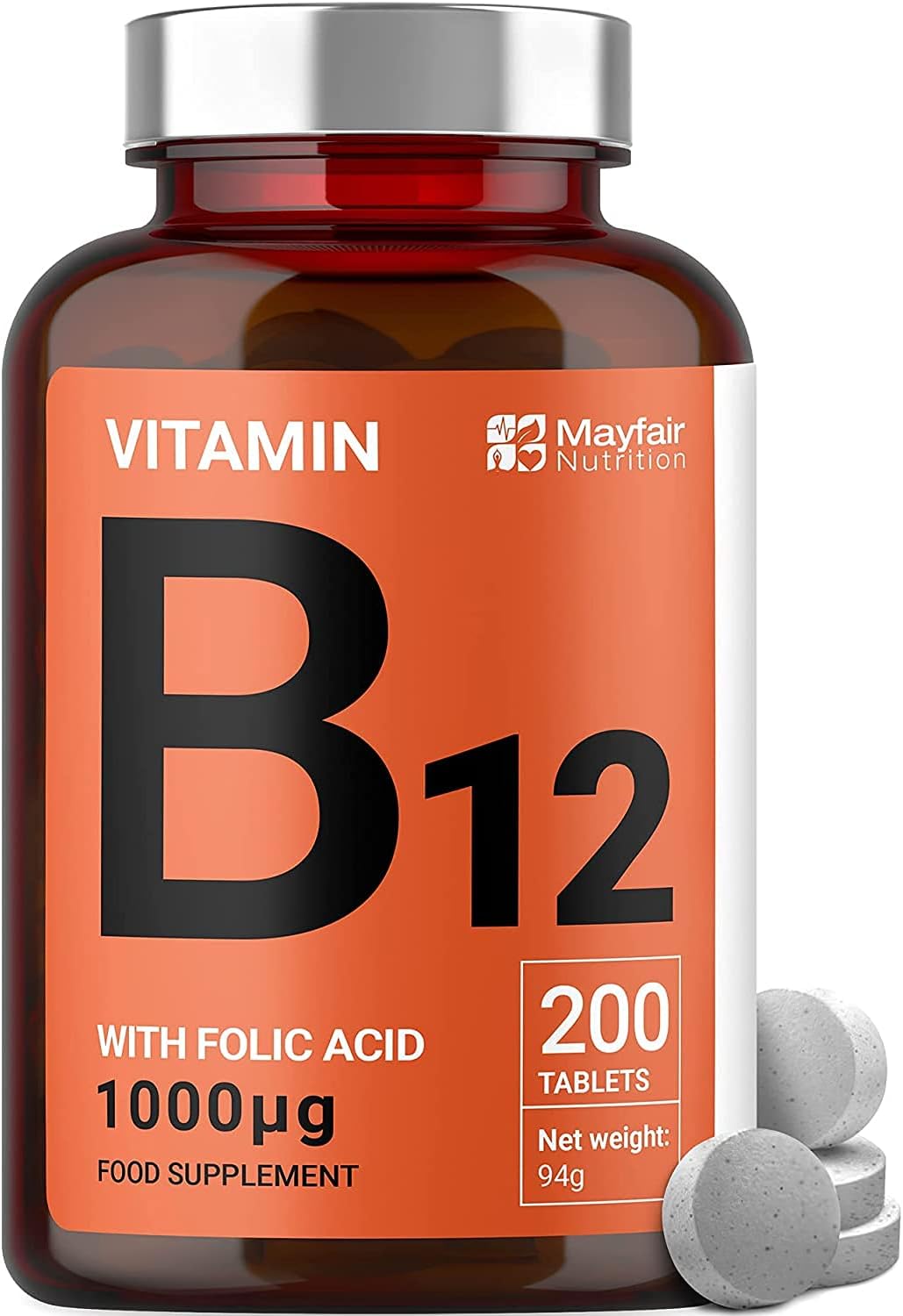 Vitamin B12 Supplements with Folic Acid - 200 Tablets of 1000 mcg Vegan B12 - Non-GMO & Gluten-Free - Made in UK