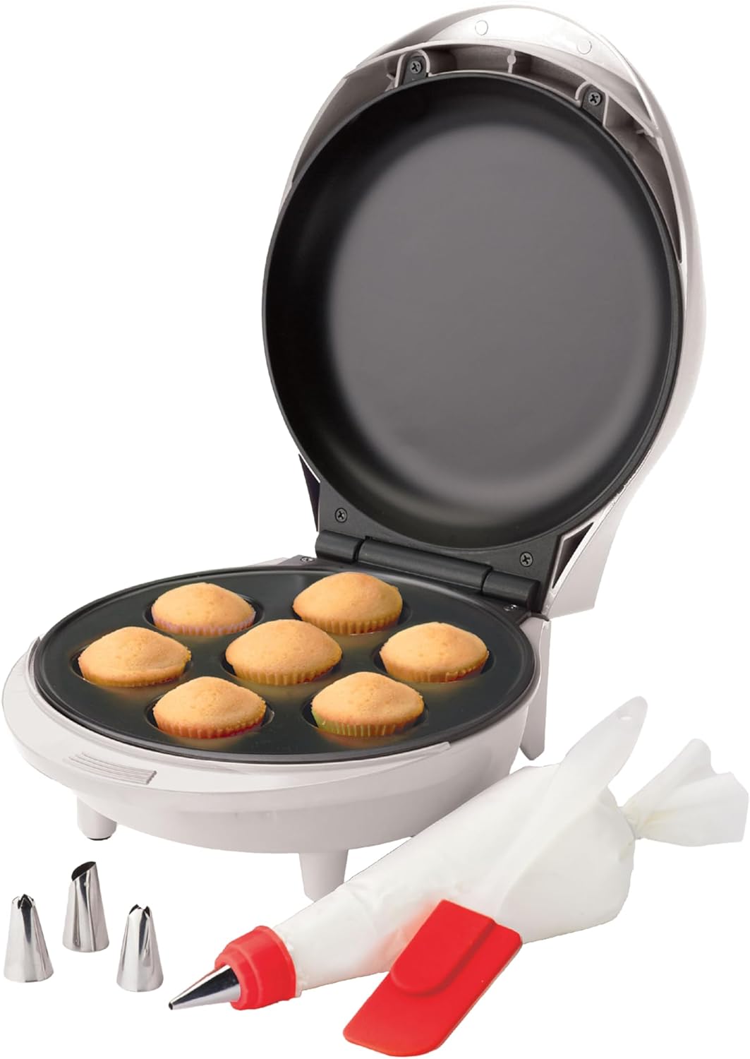 Betty Crocker Mini Cupcake Factory, with Nonstick Surface, Mini Cupcake Machine with Cool Touch Handle & Makes 7 Delicious Cupcakes in Minutes, Pink/White