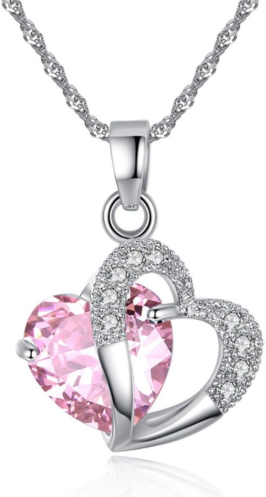 Sterling Silver Amethyst Purple Heart Crystal Pendant Necklace-Pink