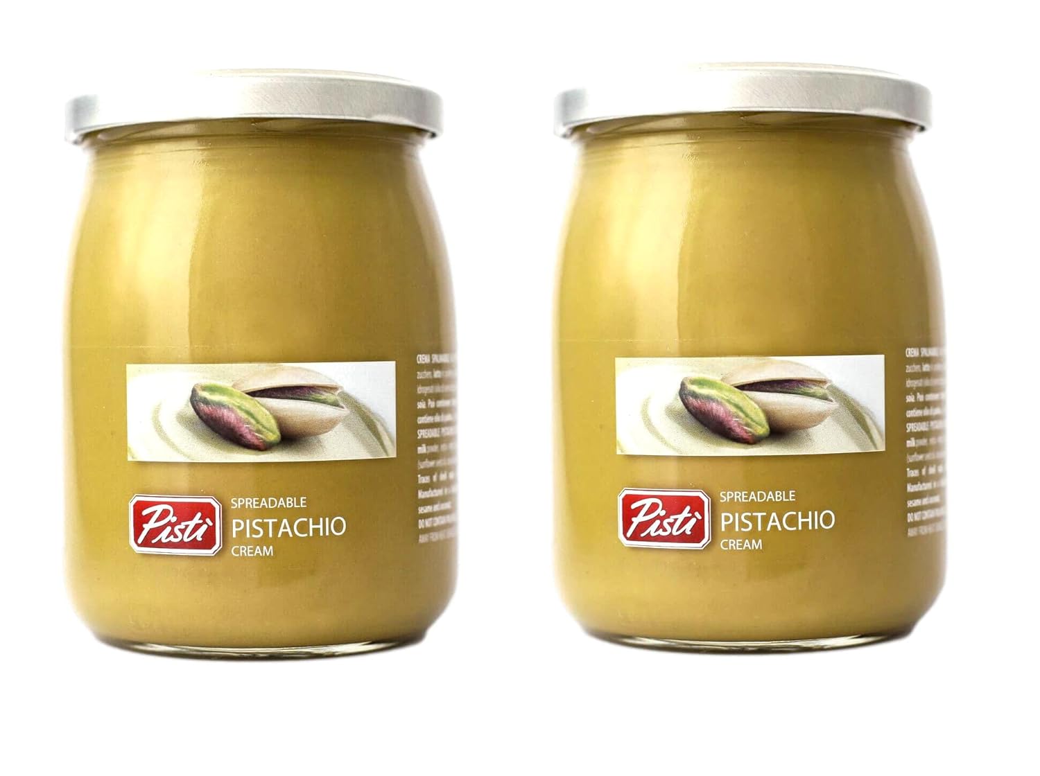 Al Amin Foods Pisti Italian Spreadable Pistachio Cream, 2 Glass Jars NT. WT. 21.2 oz. ( 600g) each., Green